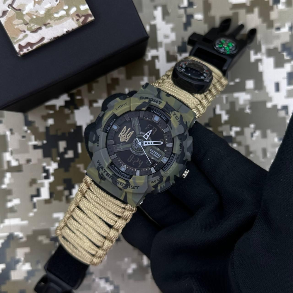Годинник наручний Patriot 005 Тризуб золото Camo Green Паракордовий ремінець Khaki + Коробка.