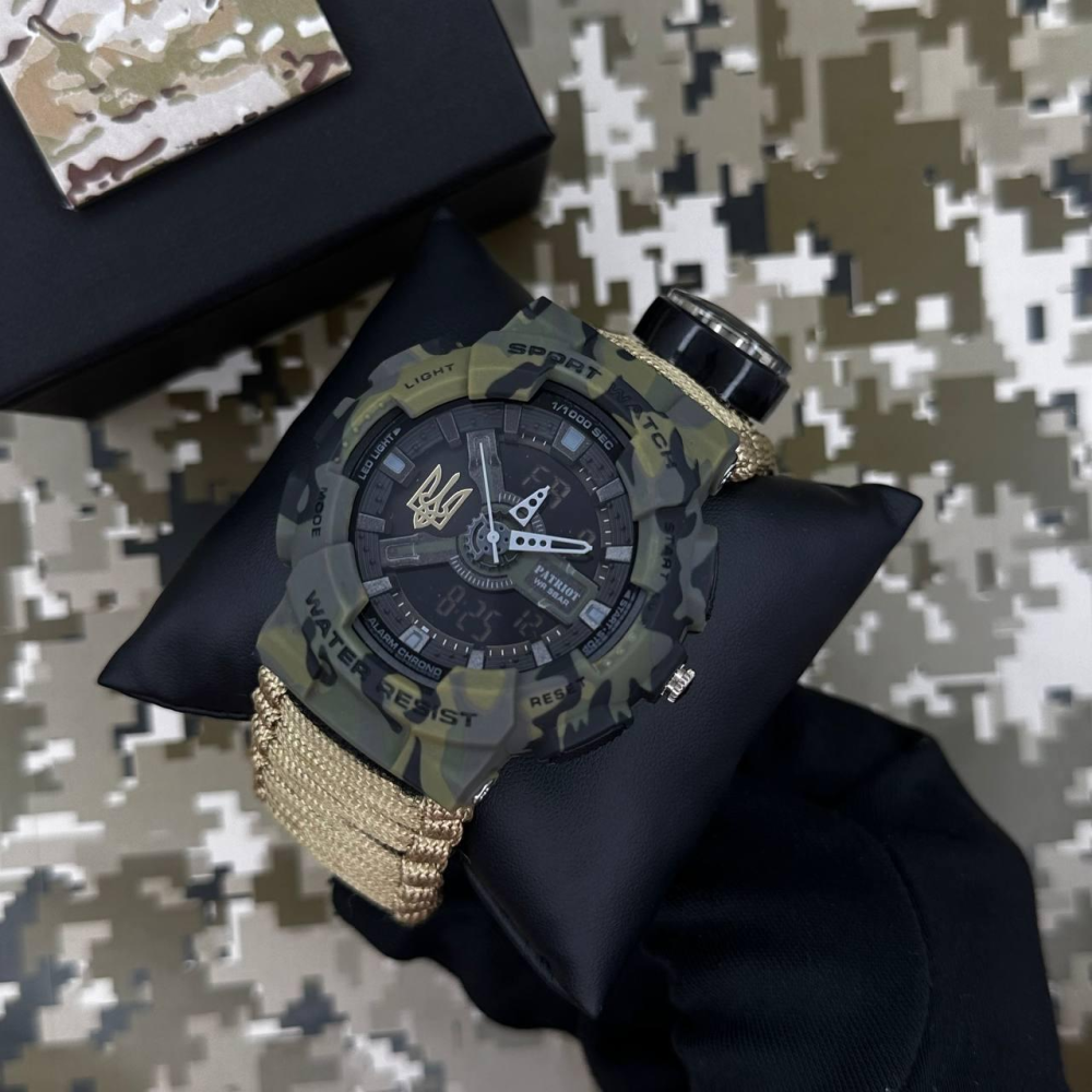 Годинник наручний Patriot 005 Тризуб золото Camo Green Паракордовий ремінець Khaki + Коробка.
