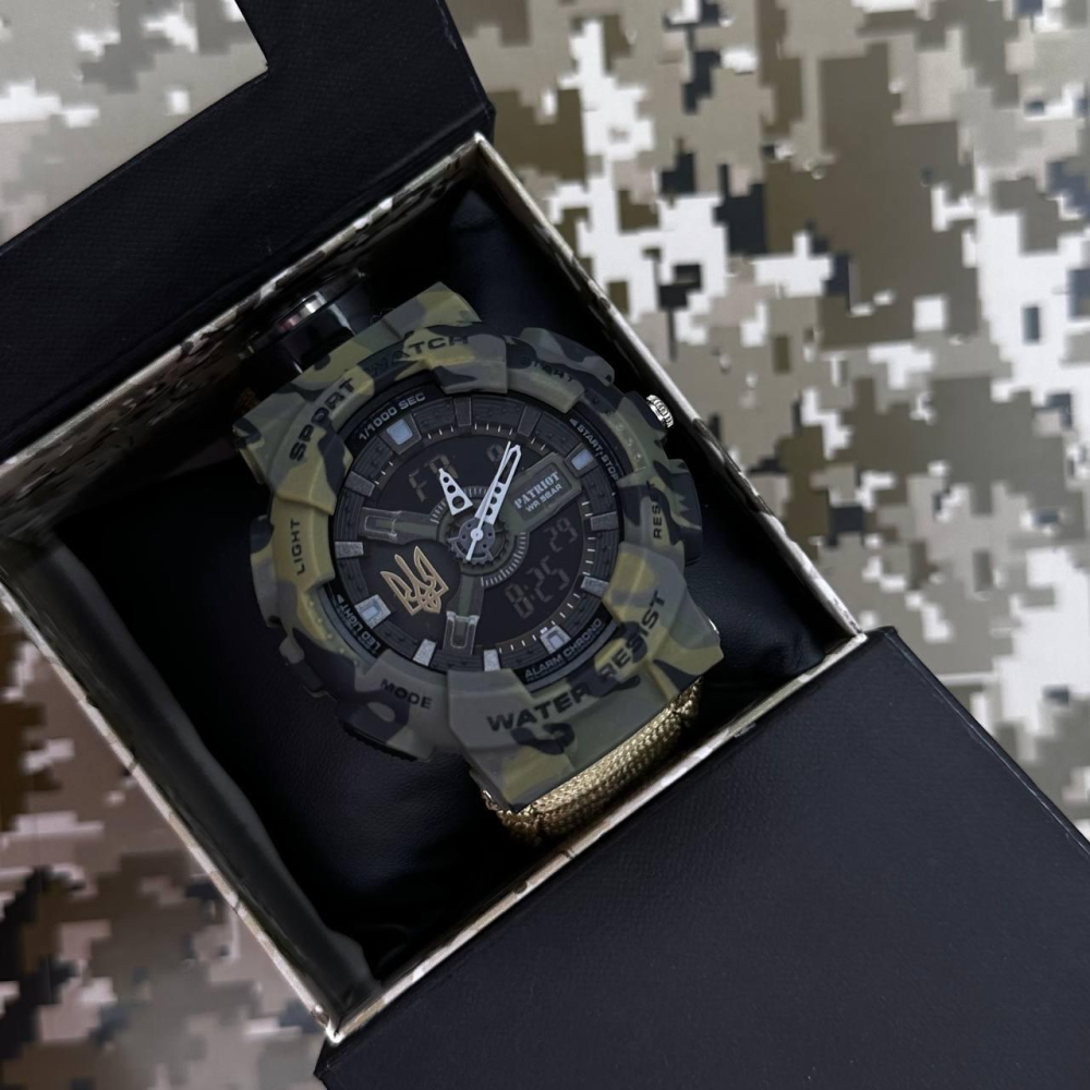 Годинник наручний Patriot 005 Тризуб золото Camo Green Паракордовий ремінець Khaki + Коробка.