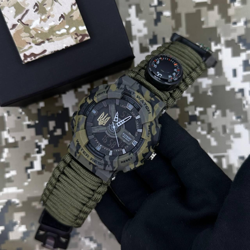 Годинник наручний Patriot 005 Тризуб золото Camo Green Паракордовий ремінець Army Green + Коробка.