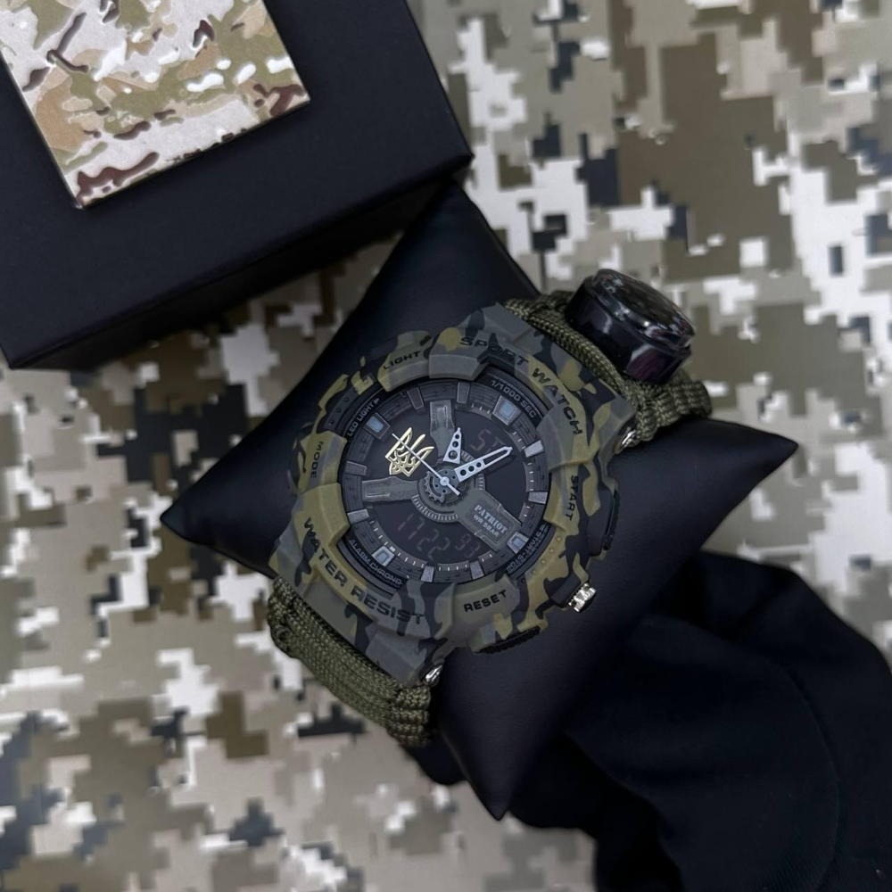 Годинник наручний Patriot 005 Тризуб золото Camo Green Паракордовий ремінець Army Green + Коробка.