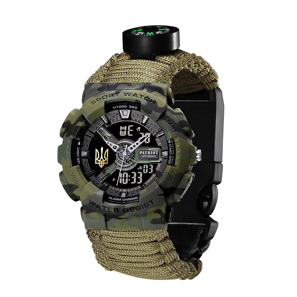 Годинник наручний Patriot 005 Тризуб золото Camo Green Паракордовий ремінець Army Green + Коробка.