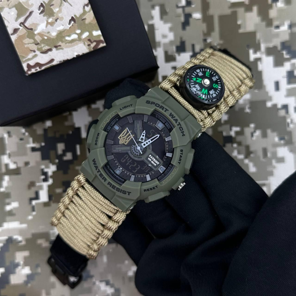 Годинник наручний Patriot 005 Тризуб золото Army Green Паракордовий ремінець Khaki + Коробка.