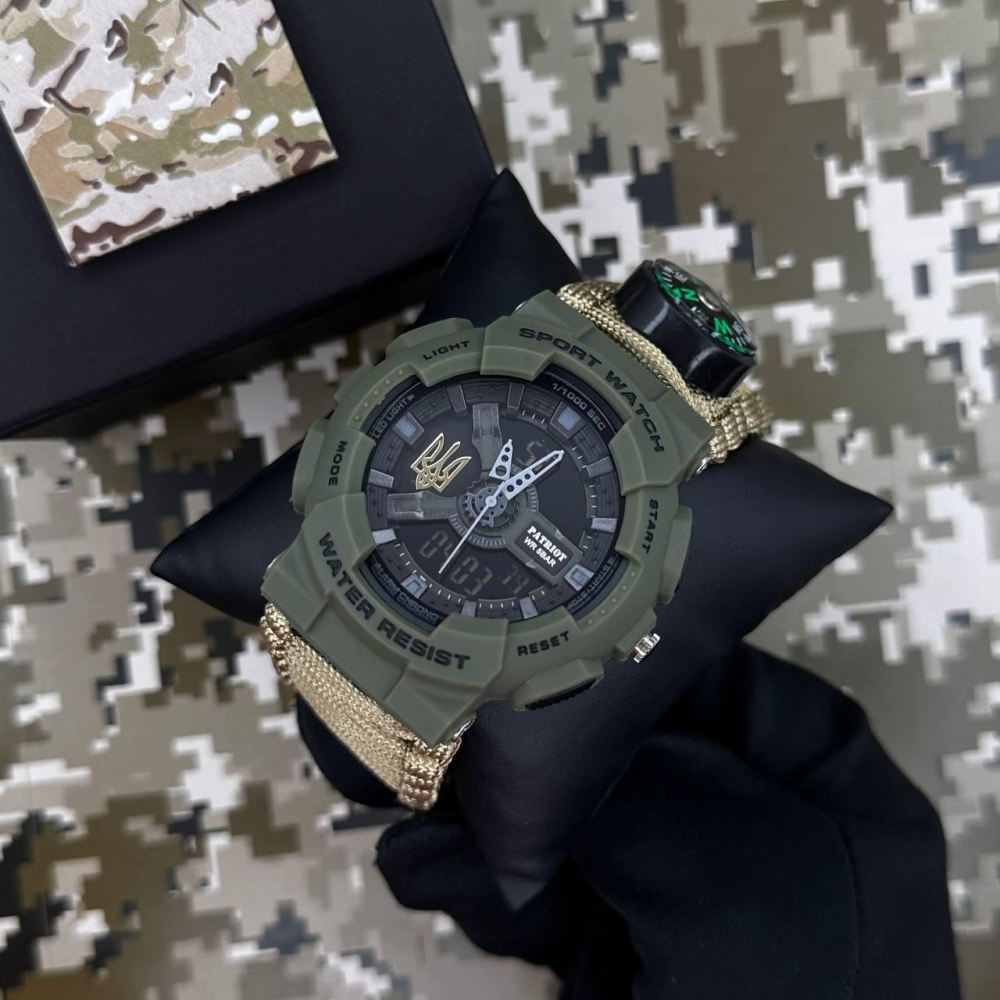 Годинник наручний Patriot 005 Тризуб золото Army Green Паракордовий ремінець Khaki + Коробка.