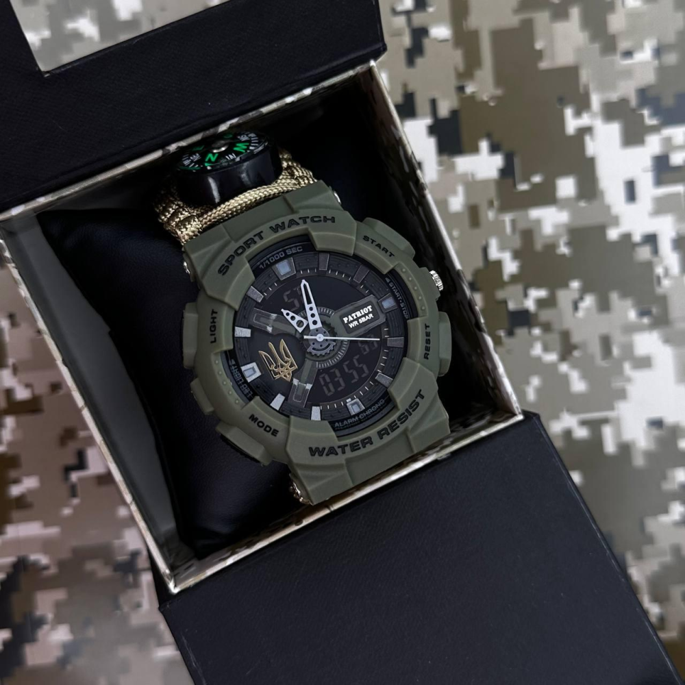 Годинник наручний Patriot 005 Тризуб золото Army Green Паракордовий ремінець Khaki + Коробка.