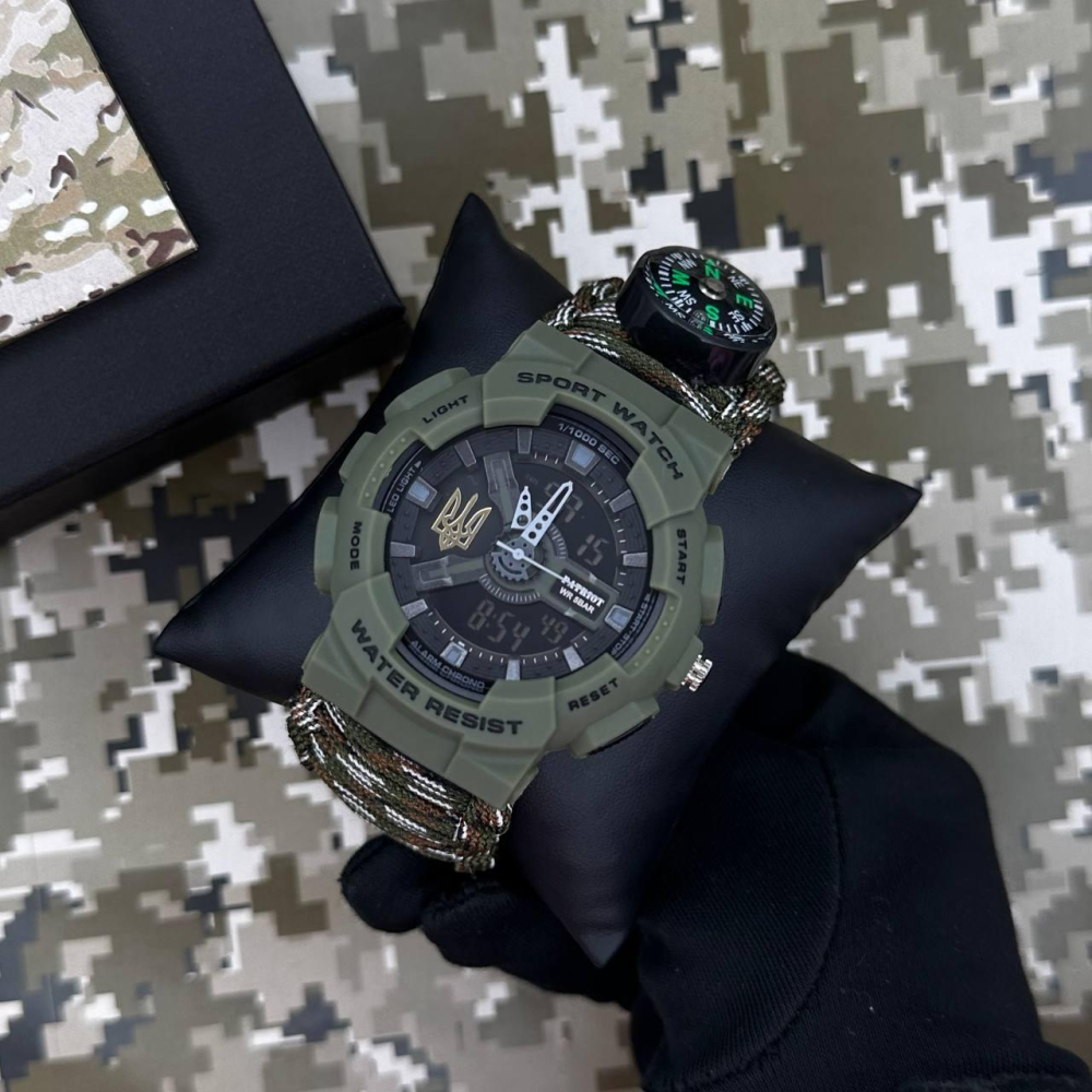 Годинник наручний Patriot 005 Тризуб золото Army Green Паракордовий ремінець Camo Green + Коробка.