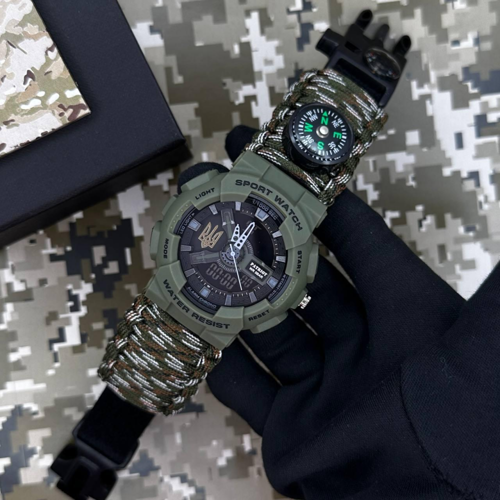 Годинник наручний Patriot 005 Тризуб золото Army Green Паракордовий ремінець Camo Green + Коробка.