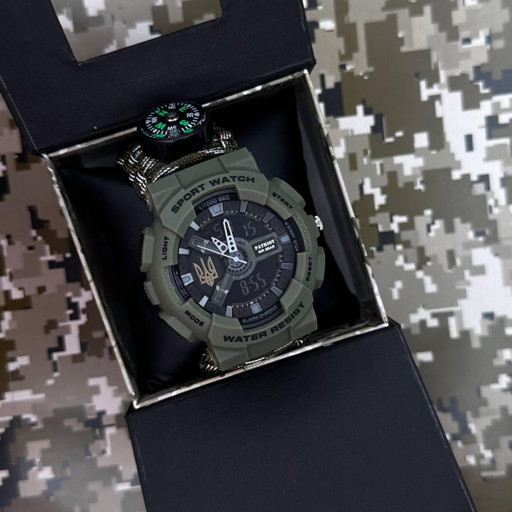 Годинник наручний Patriot 005 Тризуб золото Army Green Паракордовий ремінець Camo Green + Коробка.