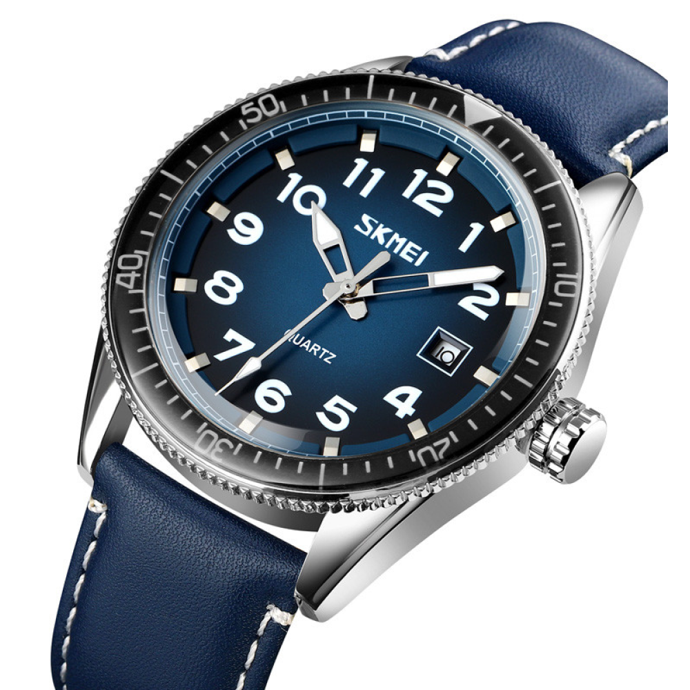 Skmei 9232LSIBU Silver-Blue-Leather Strap