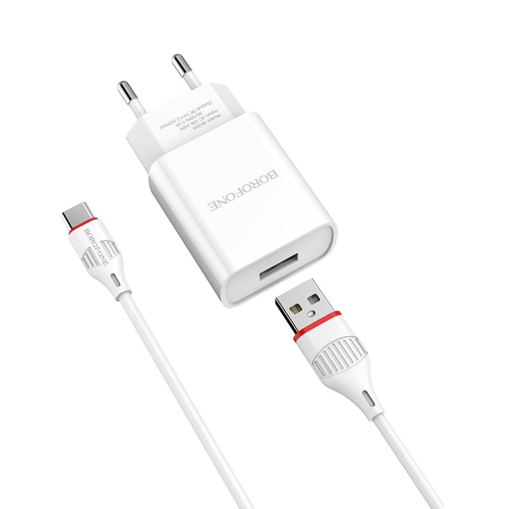 Сетевое зарядное устройство Borofone BA20A USB белое + кабель USB to Type-C
