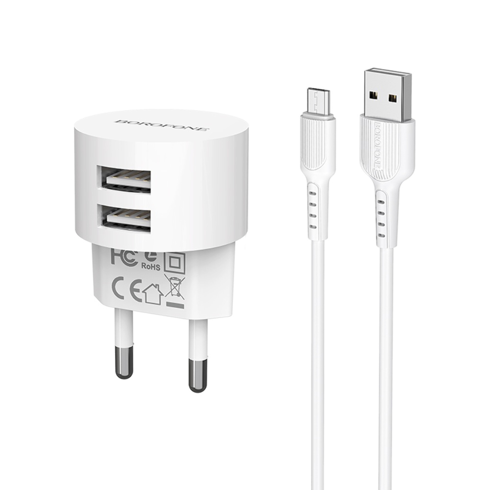 Сетевое зарядное устройство Borofone BA23A 2 USB белое + кабель USB to MicroUSB