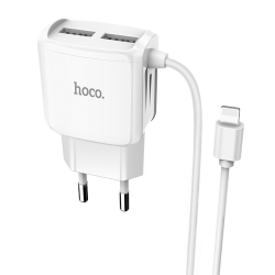 Сетевое зарядное устройство Hoco C59A 2 USB белое с кабелем Lightning