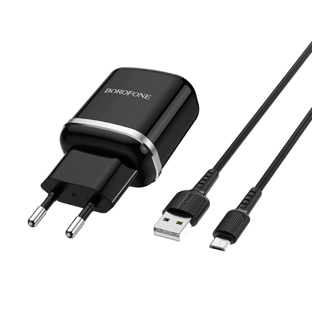 Сетевое зарядное устройство Borofone BA36A USB QC 18W черное + кабель USB to MicroUSB